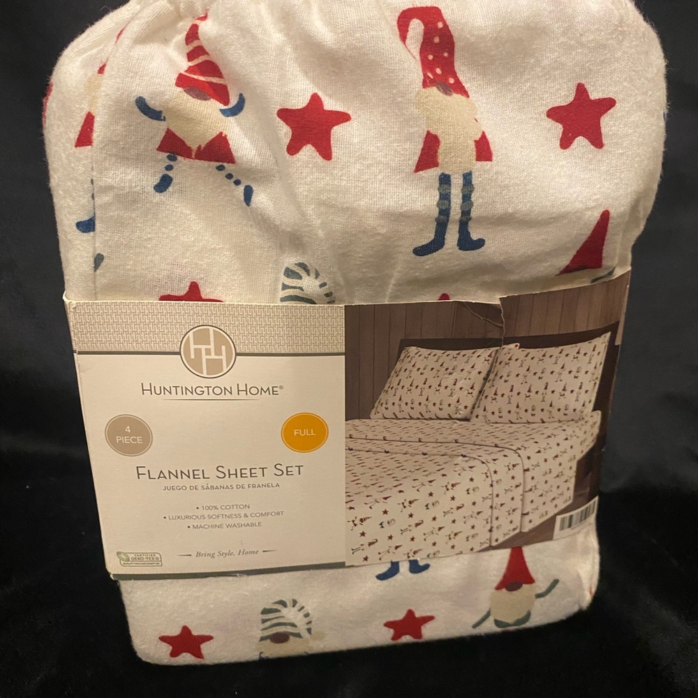 Huntington Home Festive Gnome and Star Flannel Sheet Set